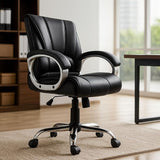 NEWTURN Alpha Mid Back Office Chair, Black Leatherette Ergonomic Design with Height Adjustment, Metal Chrome Base, 360° Swivel for Study and Work from Home & 1 yrs Parts Replc. Warranty