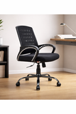 Black office chair in a room with a desk and books.